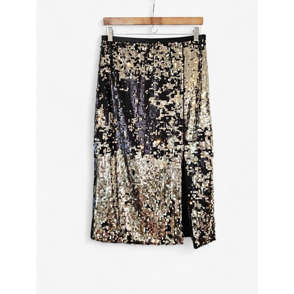 NWT Nine West Metallic Gold Two Tone Sequined Leg Slit Midi Straight Skirt M